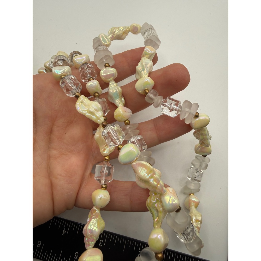 Vintage Iridescent Cream Shell Glass Bead Necklace Mermaidcore Coastal 28 Inch